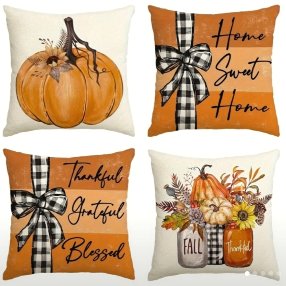 NEW 4-Pc Fall Pumpkin Home Thankful Grateful Blessed Pillow Cover Set 18" x 18"